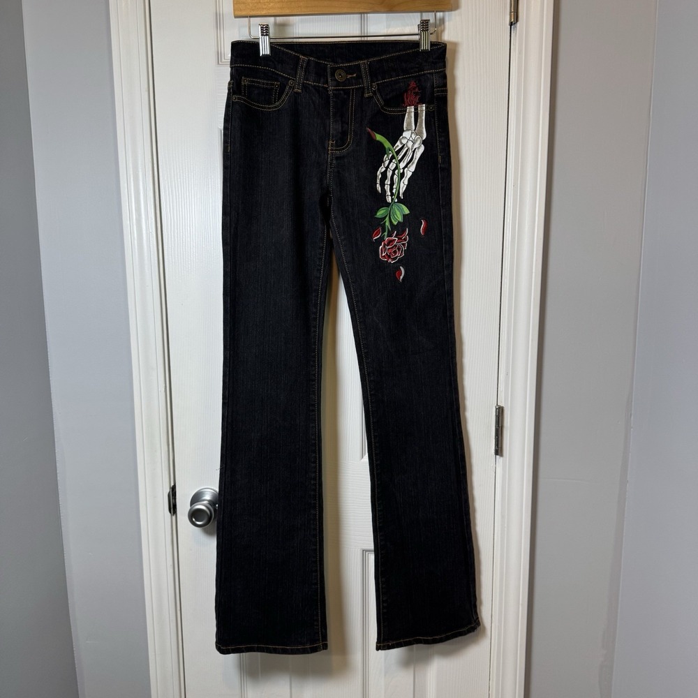 Christian Audigier Denim‎ Jeans Women's Dark Embroidered Pants Size 5/6  32" Y2K